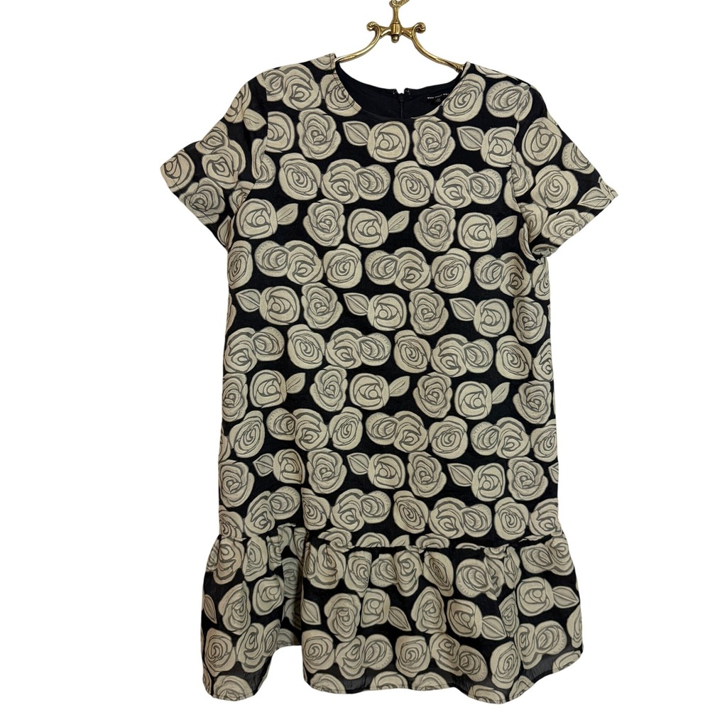 WHO WHAT WEAR Women Black Beige Rose Print Ruffle Hem‎ Short Sleeve Dress Size M